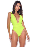 Neon Green Deep V Buckle Belt One-Piece Swimsuit