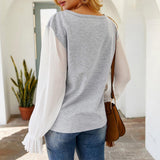 Patchwork Color Ruffle Sleeve Blouse