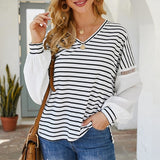 V-neck Patchwork Striped Blouse