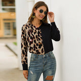 V-neck Leopard Patcwork Women Blouse Shirt