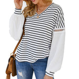 V-neck Patchwork Striped Blouse