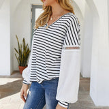 V-neck Patchwork Striped Blouse