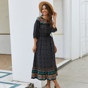 Floral Printed Half Sleeve Bohemian Long Dress