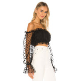 Off Shoulder Lantern Sleeve See Through Dot Blouse