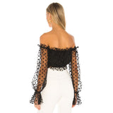 Off Shoulder Lantern Sleeve See Through Dot Blouse