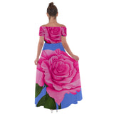 Pink Blue Rose Off Shoulder Open Front Chiffon Dress