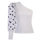 puff Sleeve Patchwork Dot Print One-Sleeve Off Shoulder Blouse