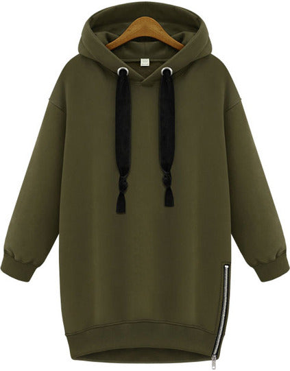 Green Hooded Long Sleeve Zipper Loose Sweatshirt