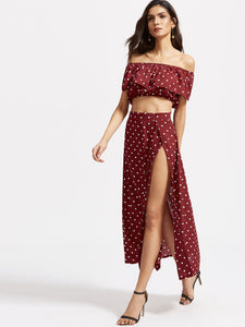 Polka Dot Ruffle Crop Top With Split Skirt