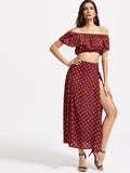 Polka Dot Ruffle Crop Top With Split Skirt