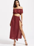 Polka Dot Ruffle Crop Top With Split Skirt