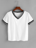 Striped Trim V-Neck Tee