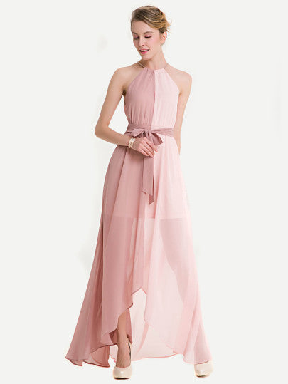 Two Tone Dip Hem Chiffon Dress With Weave Strap