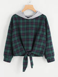 Knot Front Checked Hooded Sweatshirt