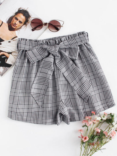 Self Tie Waist Plaid Shorts