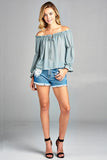 Women's Puff Long Sleeve Ruffled Front Tie Off
