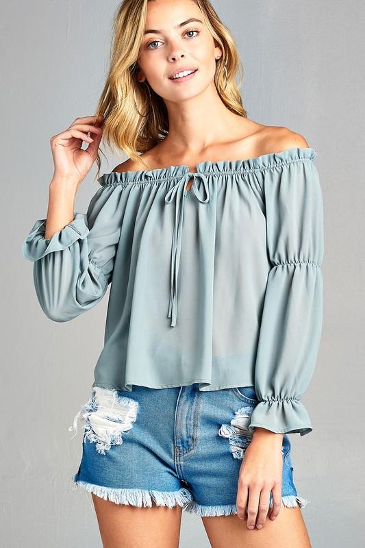 Women's Puff Long Sleeve Ruffled Front Tie Off