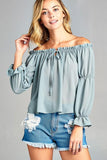 Women's Puff Long Sleeve Ruffled Front Tie Off