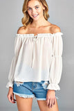 Women's Puff Long Sleeve Ruffled Front Tie Off
