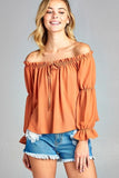 Women's Puff Long Sleeve Ruffled Front Tie Off