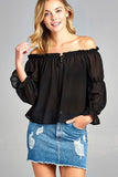 Women's Puff Long Sleeve Ruffled Front Tie Off
