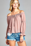 Women's Puff Long Sleeve Ruffled Front Tie Off