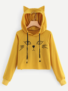 Cat Print Hooded Sweatshirt