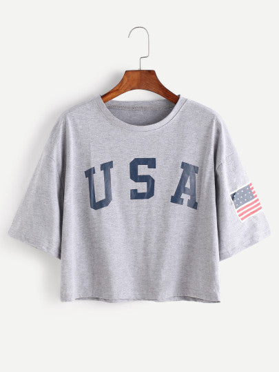 American Flag Letter Print Drop Shoulder Tee