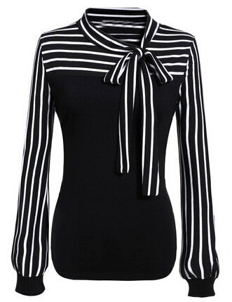 Black White Tie-neck Striped Blouse