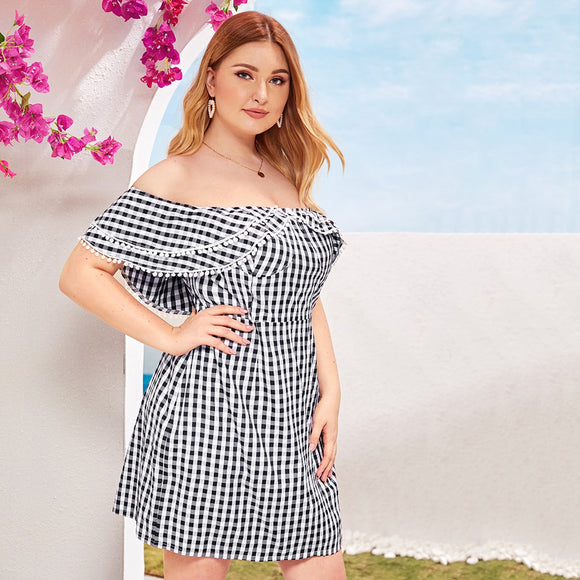 Plus Gingham Flounce Trim Bardot Dress