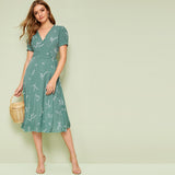 Plant Print Wrap Knotted Dress