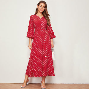 Polka Dot Frill Trim Sleeve Belted Dress