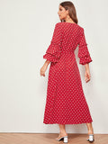 Polka Dot Frill Trim Sleeve Belted Dress