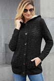 Fleece Hooded Black Button Down Cardigan Sweater