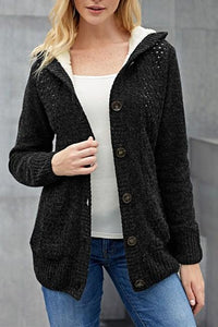 Fleece Hooded Black Button Down Cardigan Sweater