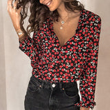 V-neck Floral Print Vintage Ladies Office Shirts