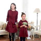 (Mommy & Me) Burgundy & Navy Pocket A-Line Dress