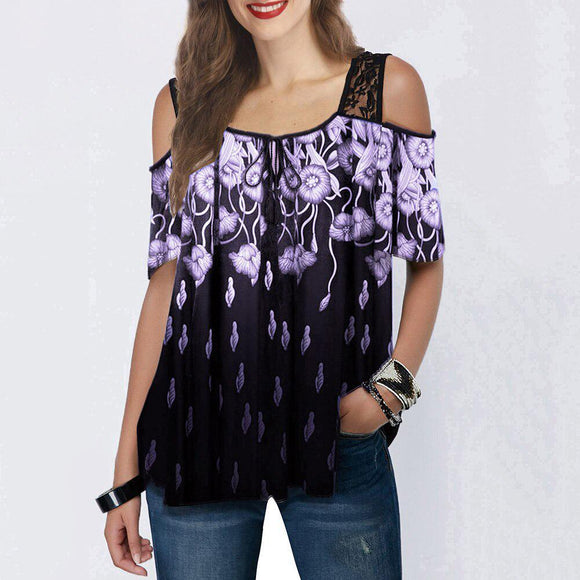 Cold Shoulder Printed Lace Patchwork Blouse Tops Short Sleeve