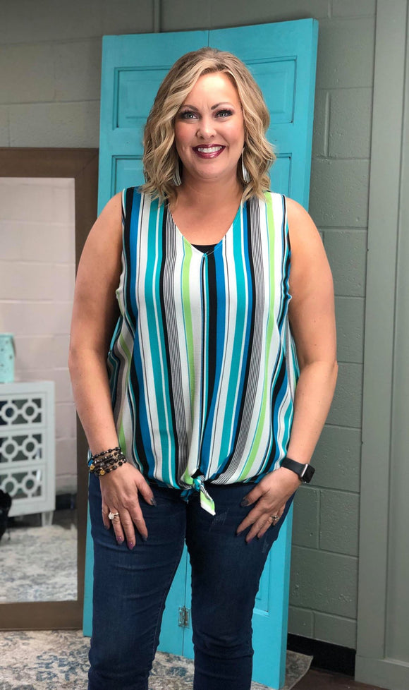 Woven V-Neck Sleeveless Tank with Tie