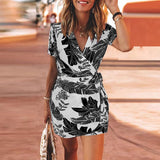 Sexy V Neck Wrap Bandage Leaves Printed Party Dress