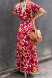 Red Floral Button Ruffle Short Sleeve Maxi Dress