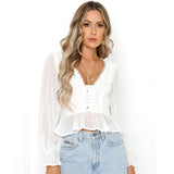 Women Lace Trimmed Neckline Long Sleeve Chiffon