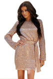 Apricot Long Sleeve Sequin Belted Mini Dress