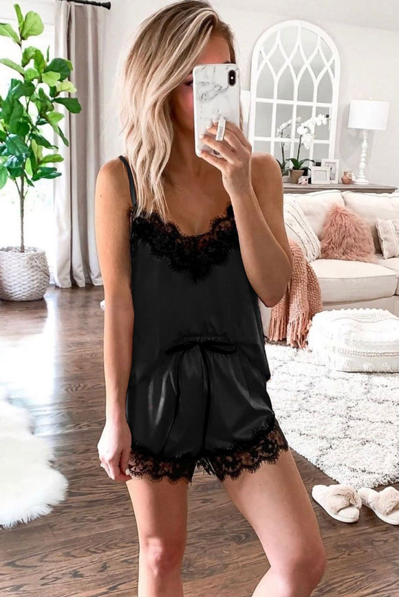 Black Lace Satin Cami Top and Shorts Sleepwear Pajamas Set