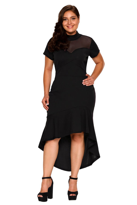 Black Mesh Turtleneck Ruffled Hi-low Hem Curvy Dress