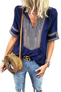 Blue Elbow Length Sleeves Front Embroidery Boho Blouse