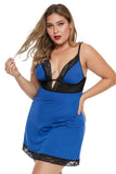 Blue Lace Trim Plus Size Lingerie Dress with Thong