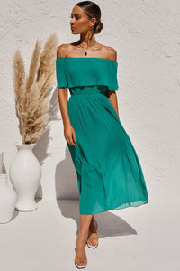 Chic Green Off-the-shoulder Pleated Tunic Chiffon Long Dress