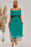 Chic Green Off-the-shoulder Pleated Tunic Chiffon Long Dress