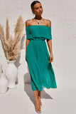 Chic Green Off-the-shoulder Pleated Tunic Chiffon Long Dress